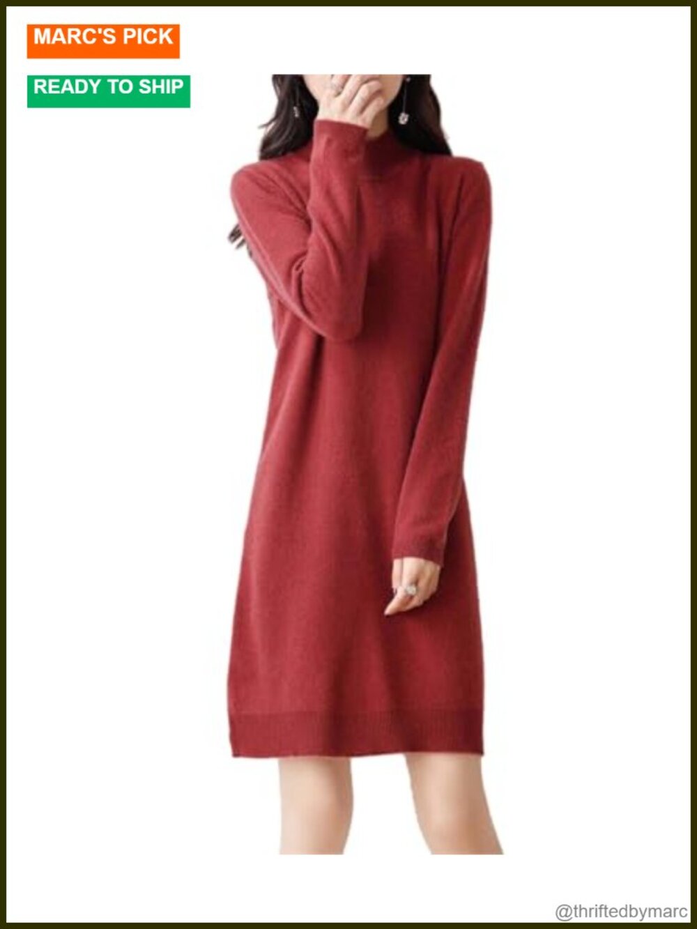 100% Merino Wool Sweater Dress Long Sleeve Mock Neck Pullover Knitted Jumper
